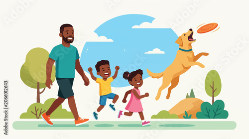 African American Father and Children Playing with Golden Retriever Dog in Park with Frisbee, Vector Illustration