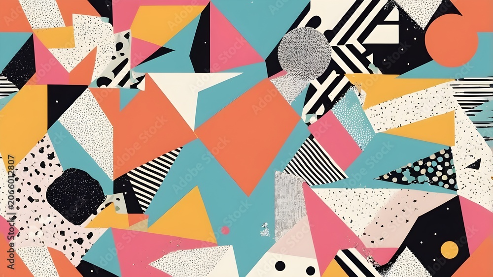 Obraz premium Colorful Abstract Geometric Pattern with Modern Retro Shapes, Speckled Texture, and Vibrant Dynamic Composition Background