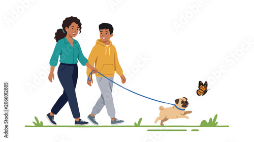 Family Walking Pug Dog with Butterfly Flat Vector Illustration