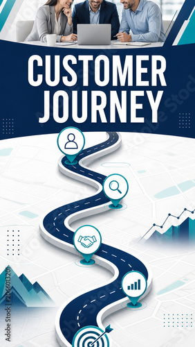 Business customer journey concept with winding road, map pins, icons, team meeting, and analytics elements in a modern blue corporate design.