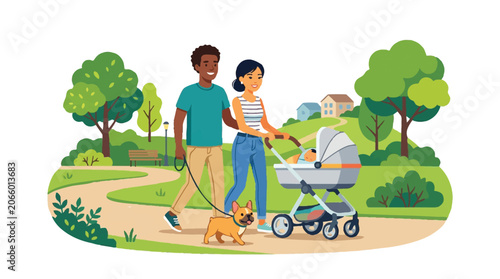 Diverse Couple Walking with Baby in Stroller and Pet Dog in Park Illustration