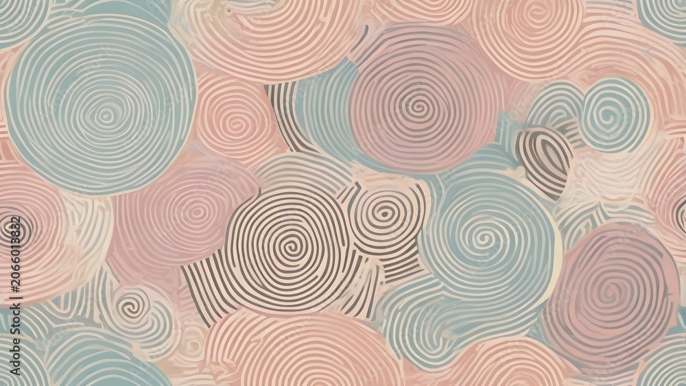 Fototapeta premium Soft pastel abstract spiral pattern background. Muted organic concentric circles texture in blue, pink, and beige tones with a hand-drawn aesthetic.