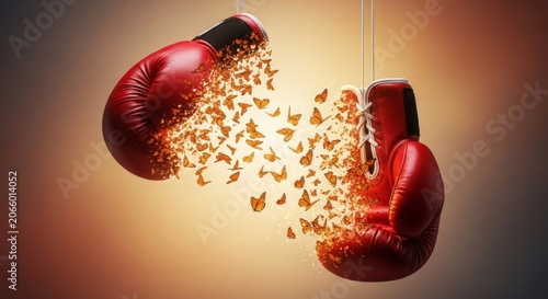 Red leather boxing gloves float in mid-air, magically dissolving into a swarm of vibrant orange butterflies against a soft, hazy backdrop, evolution, wings, mid-air