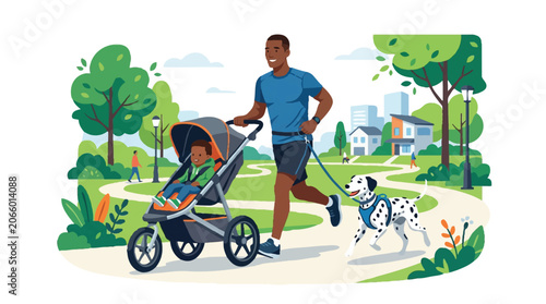 Black Father Jogging in Park with Baby Stroller and Dalmatian Dog Illustration
