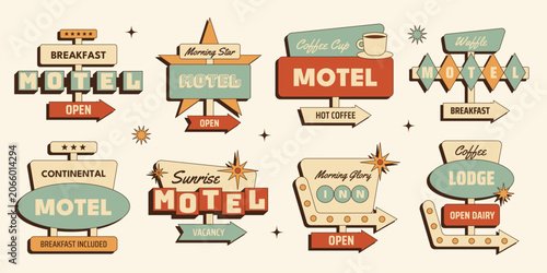 Retro breakfast motel signs sticker set with vintage roadside motel signboards, breakfast arrows, coffee lodge labels and motel direction signs. Vector illustration in mid century 1950s style