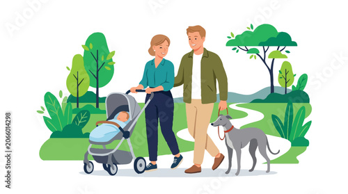 Happy family walking with baby stroller and dog in green park vector illustration