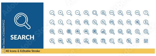 Konstfotografi Large set of search and magnifying glass line icons for web interface and analys