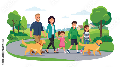 Happy Family Walking Golden Retriever Dogs in Park Vector Illustration