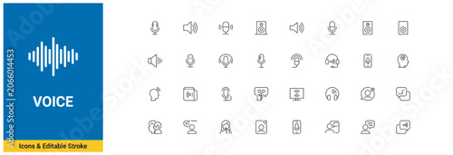 Obraz na płótnie Voice and audio communication technology line icon set with editable stroke vect