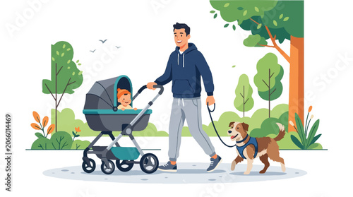 Father walking baby in stroller with dog in park vector illustration