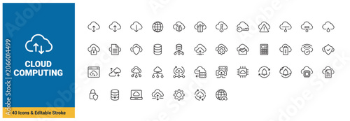 Comprehensive cloud computing icon pack featuring forty editable stroke vector symbols