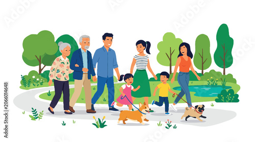 Multigenerational family walking with dogs in a city park vector illustration.