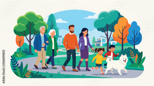 Multi-Generational Family Walking Dog in Park Flat Vector Illustration