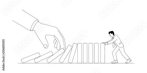 Foto Businessman pushing dominoes to stop chain reaction, giant hand about to knock t