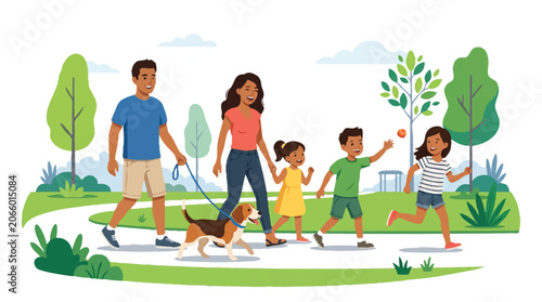 Happy diverse family with kids and a dog walking in a sunny park. Flat vector illustration of parents and children enjoying outdoor leisure and active lifestyle.