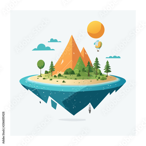 Flat design floating island with mountains, trees, and hot air balloon
