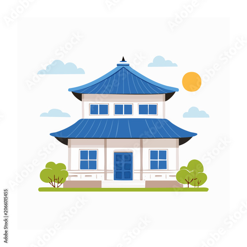 Flat design illustration of a blue-roofed pagoda building