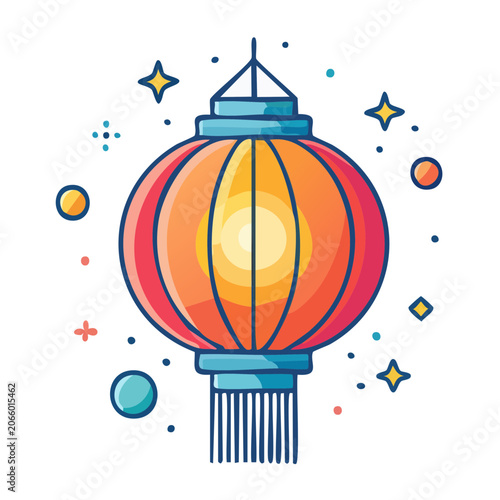 Flat design illustration of a colorful Chinese lantern with stars