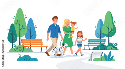Happy Young Family Walking Together with Dalmatian Dog in Public City Park Flat Vector Illustration