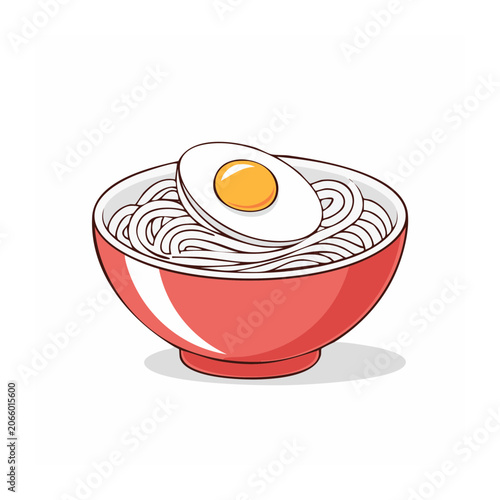 Red bowl of noodles with half boiled egg