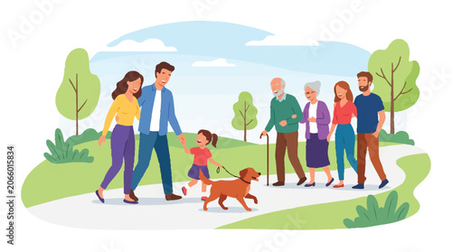Multi-Generational Family Walking with Dog in Park Illustration
