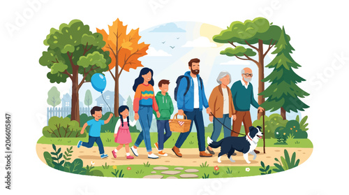 Multigenerational Family Walking in Park with Dog and Picnic Basket Vector Illustration