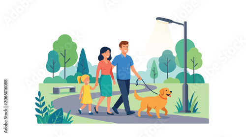 Happy family walking their dog in a park under a street lamp. Ideal for lifestyle and pet ownership content.