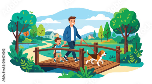 Father and Son Walking Beagle Across Wooden Bridge in Sunny Park Illustration