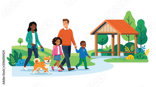 Diverse Multicultural Family Walking Dog in Public Park Vector Illustration. Happy parents and children strolling together on a sunny day.
