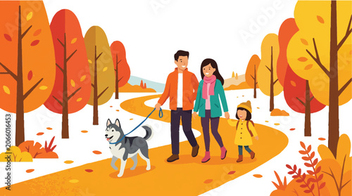 Happy Family with Child Walking Husky Dog in Autumn Park Path Vector Illustration