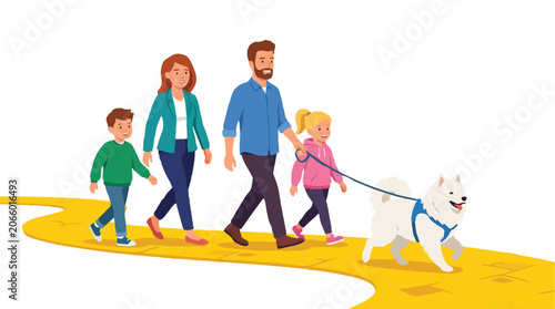 Happy Family Walking Pet Dog on Yellow Path Illustration