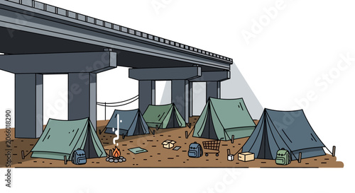 Homeless tent encampment under urban highway bridge