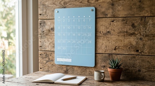 Modern Blue Magnetic Weekly Planner Board on Wooden Wall.