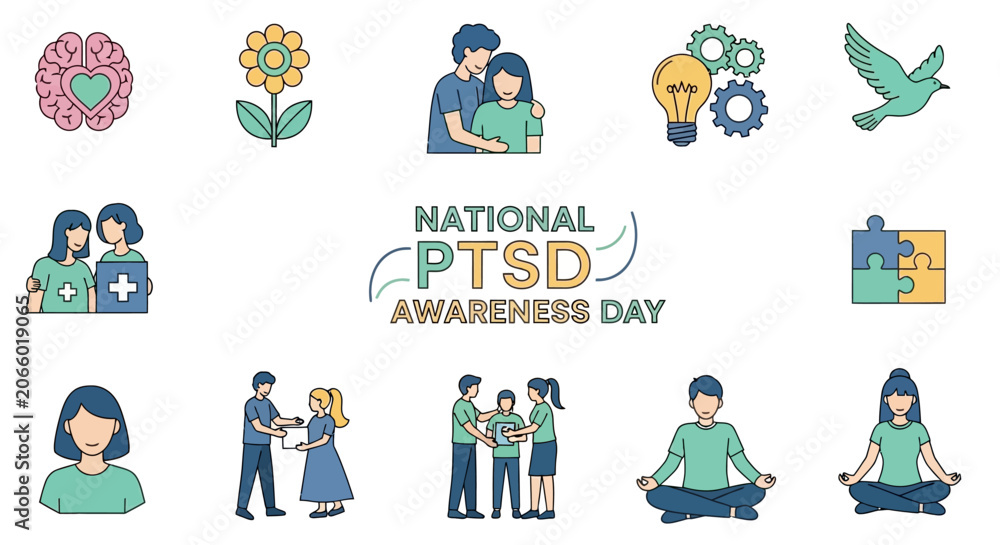 Fototapeta premium National PTSD Awareness Day icons symbolizing mental health support, healing, and community connection for veterans