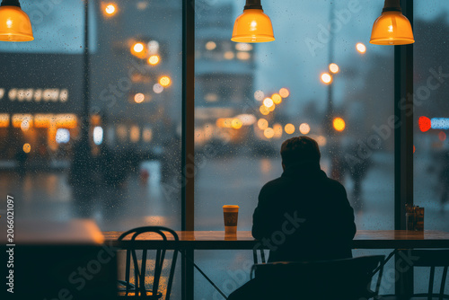 Rear View Of Man In Black Jacket Sitting At Cafe Counter On Rainy Day