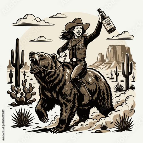 Cowgirl Joyfully Rides Roaring Bear Across Wild Frontier Desert Holding Whiskey Bottle