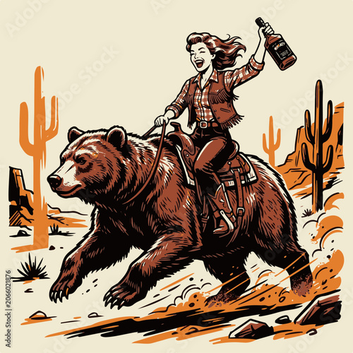 Cowgirl Riding a Powerful Bear Enthusiastically Holding a Whiskey Bottle in a Wild Desert Illustration