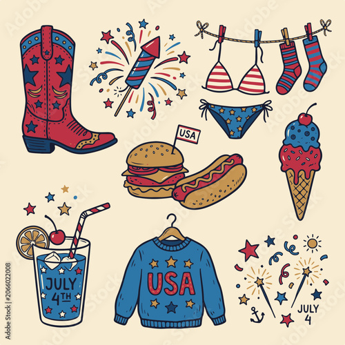 Patriotic American Fourth of July Celebration Elements Set with Holiday Food and Apparel