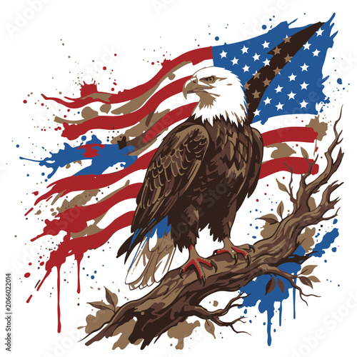 Patriotic Bald Eagle Perched on a Branch with a Distressed American Flag Grunge Style Illustration