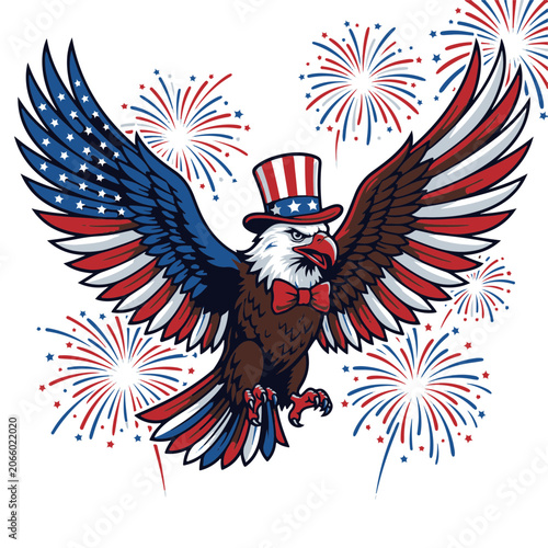 Patriotic American Eagle Mascot Celebrating Independence Day with Festive Fireworks