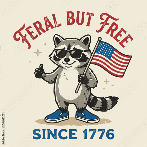 Raccoon Character Wearing Sunglasses with American Flag and Thumbs Up Vintage Illustration