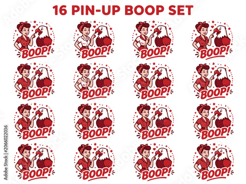 Pinup Style Woman Booping Patriotic American Eagle a Charming Retro Illustration Set