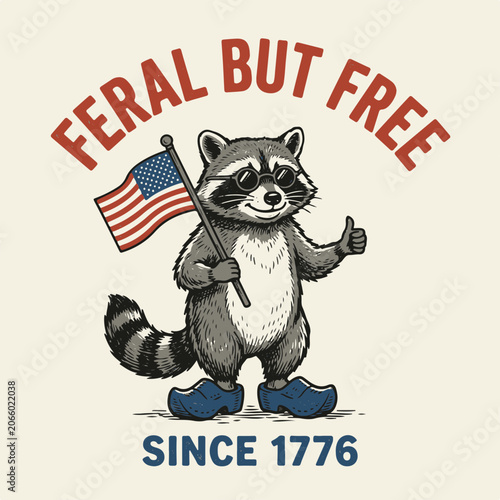 Patriotic Raccoon Illustration with American Flag for Independence Day Theme