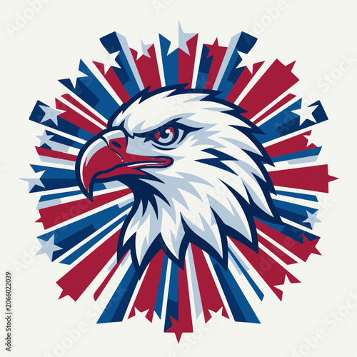 Patriotic Bald Eagle Mascot Head Illustration with American Stars and Stripes Burst