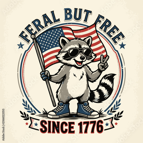 Obraz na plátně Raccoon Mascot Feral but Free with American Flag Making Peace Sign Since 1776