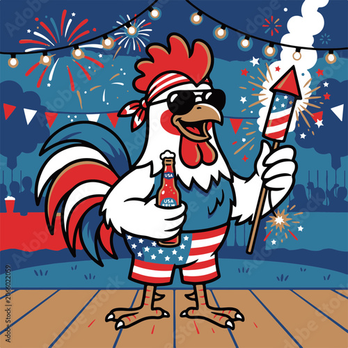 Rooster Cartoon Celebrating with Beer and Firework Rocket for a Patriotic Holiday