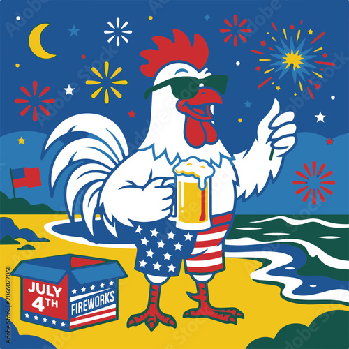 Rooster Cartoon Character Celebrating Fourth of July with Beer and Fireworks on the Beach