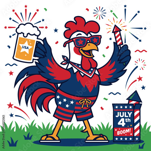 Rooster Cartoon Character Enjoying Independence Day Celebration with Beer and Fireworks