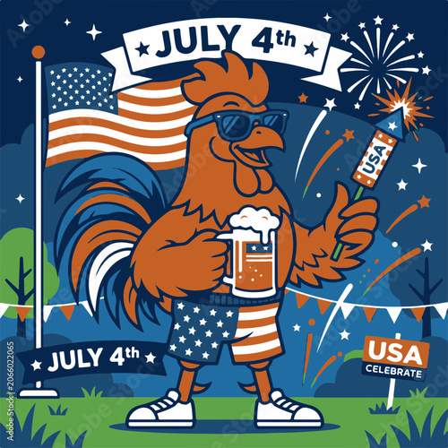 Rooster Cartoon Mascot Celebrating July 4th with Beer and Fireworks