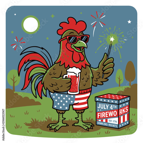 Rooster Celebrating Fourth of July with Fireworks and Beer in Patriotic Shorts